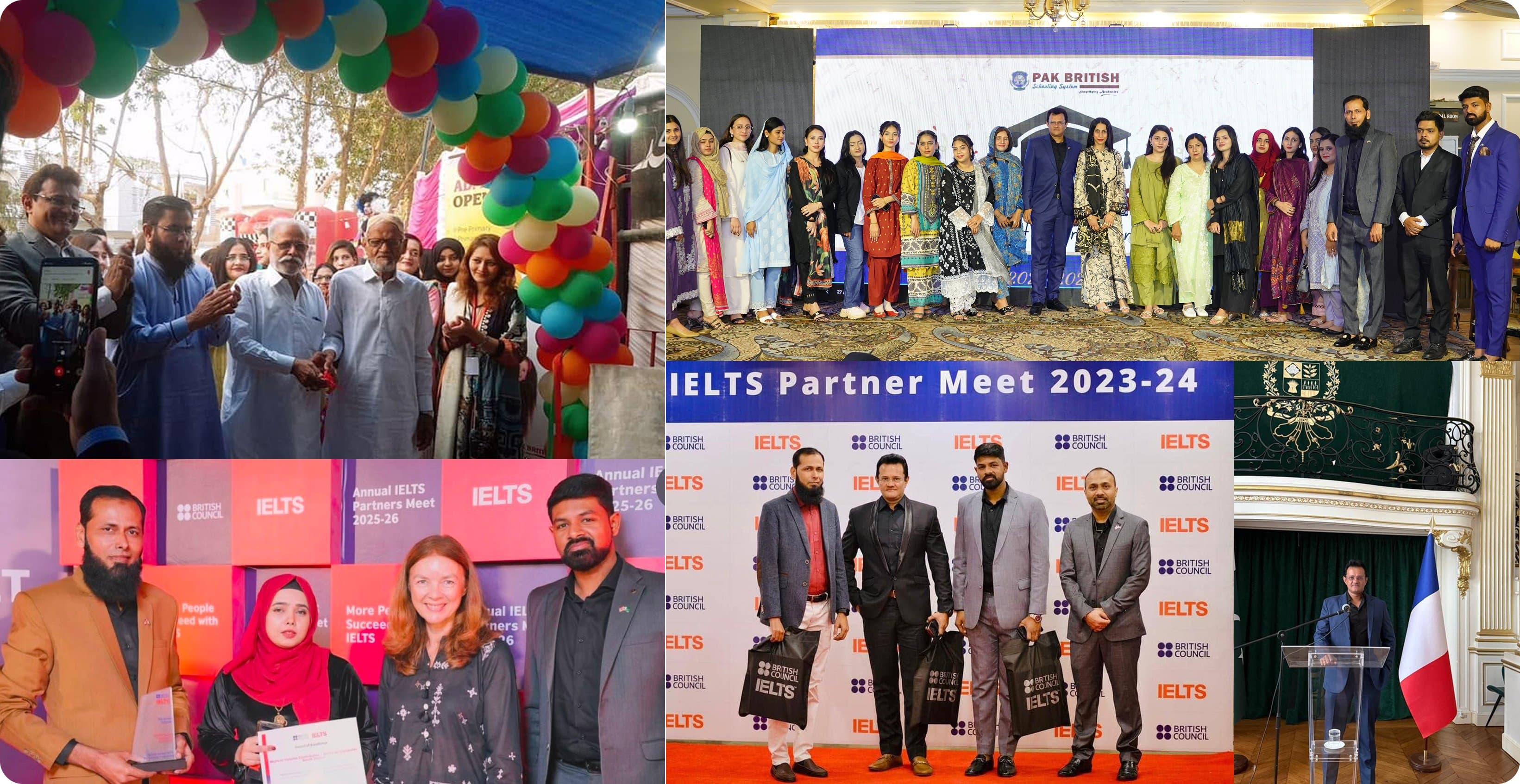 A montage of Pak British moments: a branch opening, a schooling system ceremony, the British Council IELTS partner meets, and an address abroad
